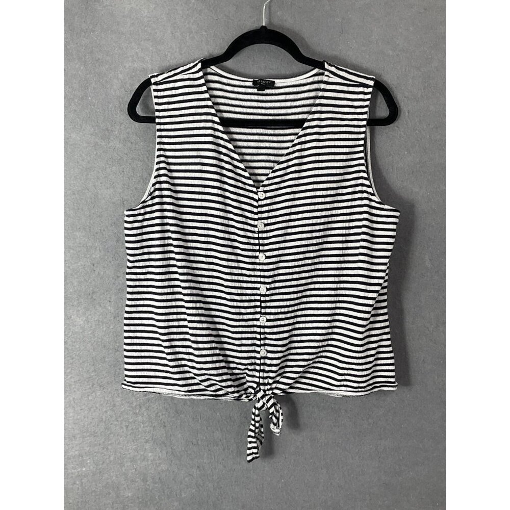 Talbots Top Petite‎ Large Black White Stripe V-Neck Tie Sleeveless Seersucker